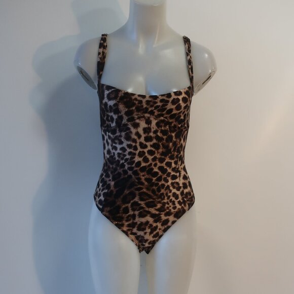 NWT Womens Good American  Fierce Leopard Print Sweetheart Satin Thong Bodysuit S - Picture 4 of 9
